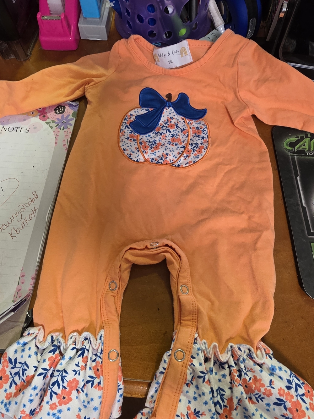 Child of Mine Orange Pumpkin Appliqué Ruffle Hem One-Piece